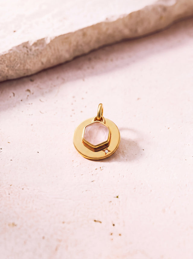 Zeno Rose Quartz Hexagon Charm Pendant - 18k Gold Vermeil