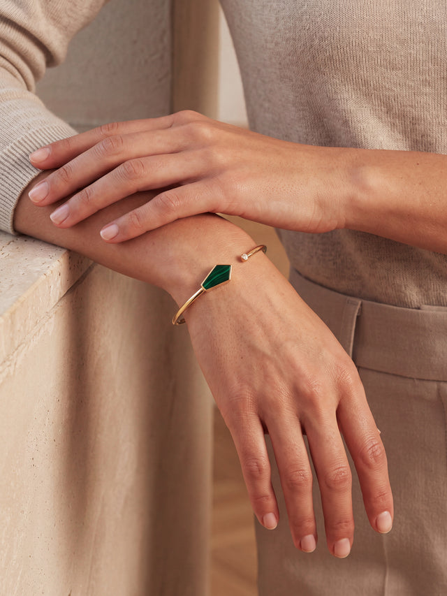 Dev Malachite & Lab Diamond Cuff Bangle - 18k Gold Vermeil - Small