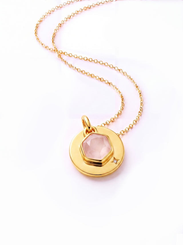 Zeno Rose Quartz Hexagon Charm Pendant - 18k Gold Vermeil