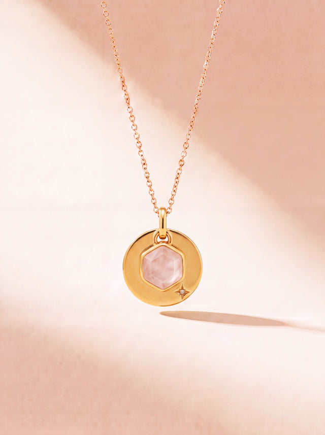 Zeno Rose Quartz Hexagon Charm Pendant - 18k Gold Vermeil