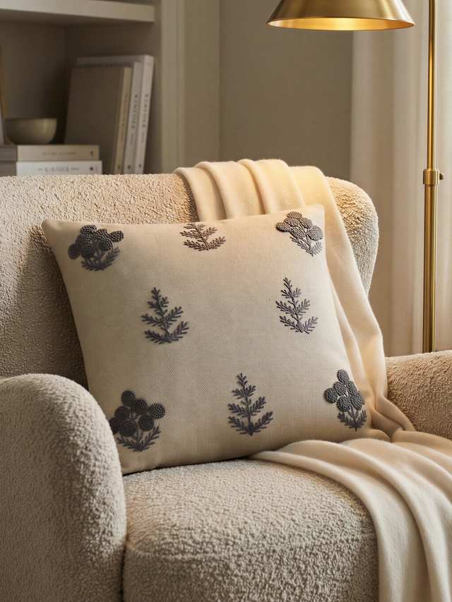 Nomad Floral Embroidered Cotton–Linen Cushion - Blue