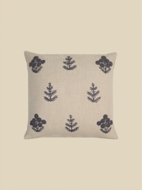 Nomad Floral Embroidered Cotton–Linen Cushion - Blue