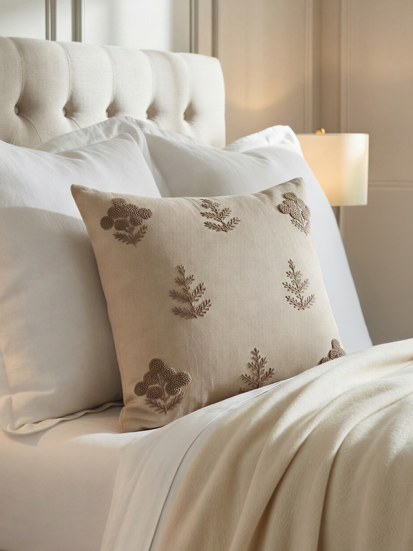 Nomad Floral Embroidered Cotton–Linen Cushion - Green