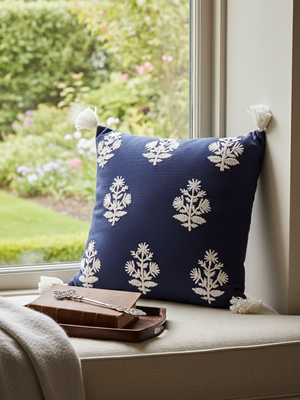 Indigo Embroidered Cotton Cushion