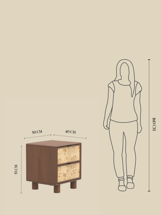 Aurea Burl Two Drawer Bedside Table - Walnut