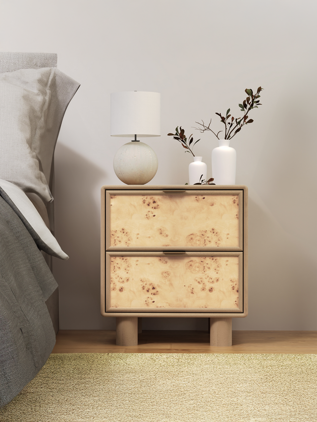 Aurea Burl Two Drawer Bedside Table - Natural