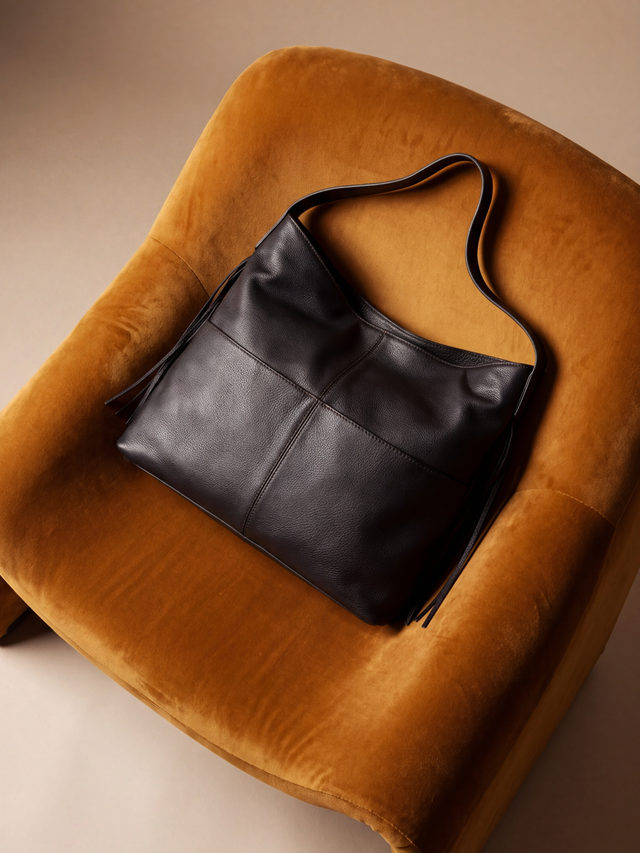 Kira Leather Hobo Tote Bag - Black